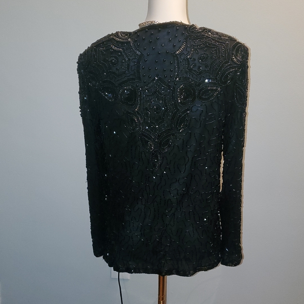Chic Black Beaded Open-Front Blazer - Picture 3 of 6